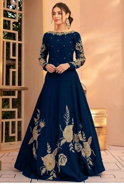 1 Pc Embroidered Round Neck Silk Maxi