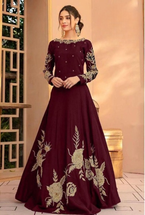 1 Pc Embroidered Round Neck Silk Maxi