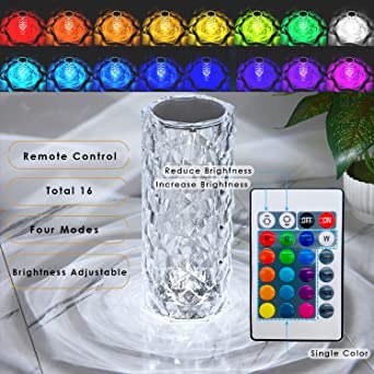 16 Colors Diamond Rose Crystal Touch Lamp Usb Rechargeable With Remote